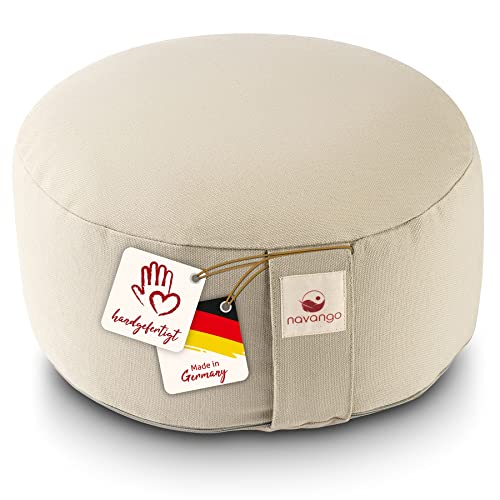 Navango® Meditationskissen - Natur I Rundes Yogakissen handgefertigt in Deutschland I Sitzhöhe 15cm I Verdeckter Reißverschluss I 100% Dinkelspelz Füllung I Waschbarer Bezug 100% Baumwolle