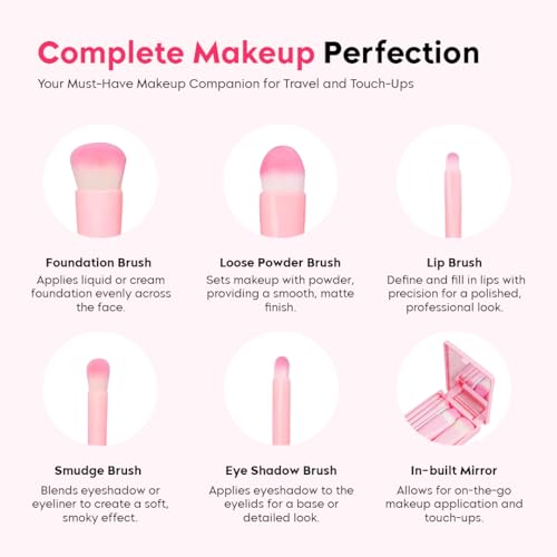 Image of Gleva Travel Size Mini Makeup Brushes Set with Mirror, Small Complete Function Cosmetic 5 Pcs Brushes Kit Case Apply to Face Foundation, Powder Concealers Eyebrow Eyeshadow Blush and Lip Gloss