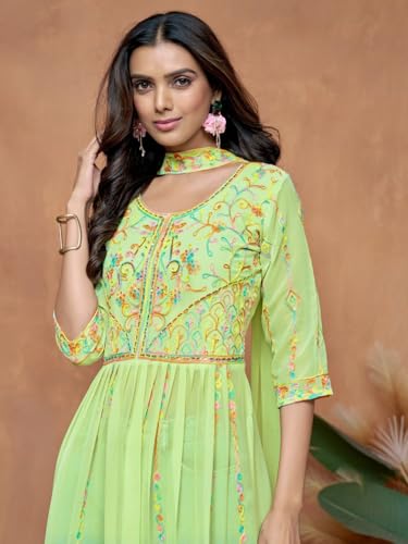 Image of EthnicJunction Women's Georgette Embroidered and Sequence Work Naira Cut Kurta and Dupatta Set