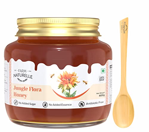 Image of Farm Naturelle - Jungle Flower Wild Forest Honey 400gm | Raw & Unfiltered | Unprocessed | Glass Jar with Wooden Spoon