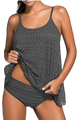 AYEEBOOY Frauen Plus Size Floral Halfter Tankini Set mit Boyshort zweiteiligen Badeanzug(SchwarzHP,2XL)