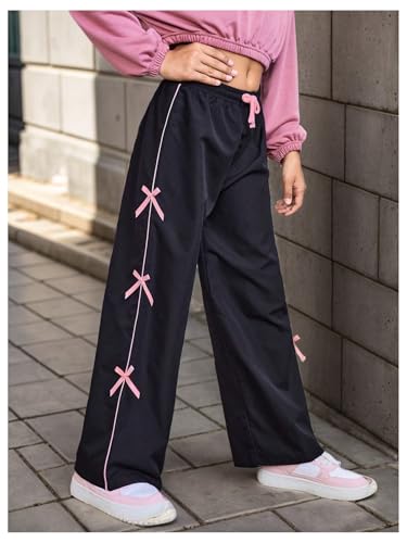 WDIRARA Girl's Bow Side Waist Track Pants Cute Wide Leg Trousers2