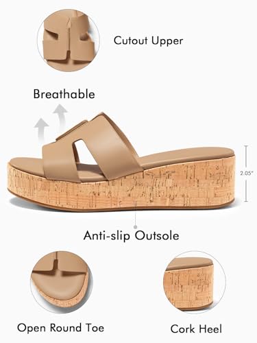 Image of Coutgo Women's Platform Wedge Sandals Open Toe Slip On Slides Cork Heeled Cutout Comfortable Summer Shoes