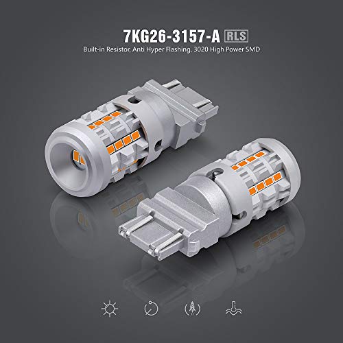SIRIUSLED RLS 3157 4157 Built In Resistor Canbus Anti Hyper Flashing LED Turn Signal Light Bulb with Full Aluminum Body Dual Filament Smart Driver Amber Orange Color Pack of 2
