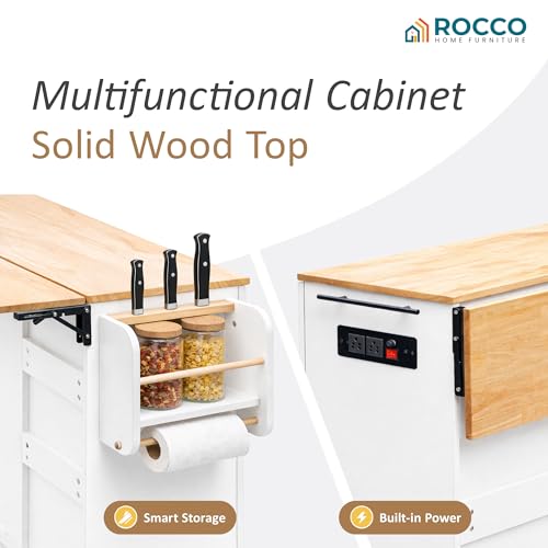 Image of ROCCO Walky Kitchen Island Storage Cabinet with Wheels, Solid Rubber Wood Top, Fluted Acrylic Doors, Built-in Power Sockets & LED Lights, Soft-Close Hinges & Side Organizer (White, Large & Extendable)