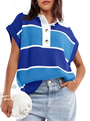 Image of Saodimallsu Women's V Neck Button Down Striped Short Sleeve Knit Sweater