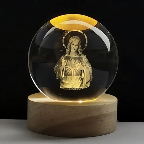 Image of 3D Crystal Ball Night Light with Wooden Base, Aesthetic Clear LED Lamp for Home and Bedroom Touch Switch, Warm Light for Kids and Teens Perfect Birthday & Anniversary (Holy Jesus Christ)