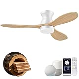 42' Wood Ceiling Fans with Lights,Smart Control via Remote WiFi Alexa APP,Quiet DC Motor,Modern Flush Mount Ceiling Fan for Low Profile Bedroom,Patio,3 Blade,Natural Wood and White,Outdoor Indoor,Dim