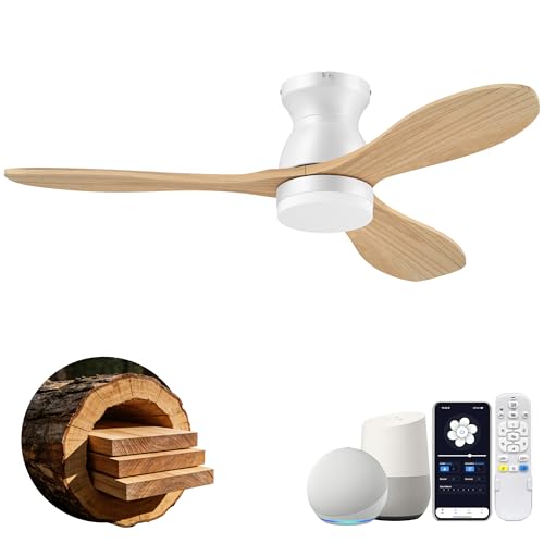 42" Wood Ceiling Fans with Lights,Smart Control via Remote WiFi Alexa APP,Quiet DC Motor,Modern Flush Mount Ceiling Fan for Low Profile Bedroom,Patio,3 Blade,Natural Wood and White,Outdoor Indoor,Dim