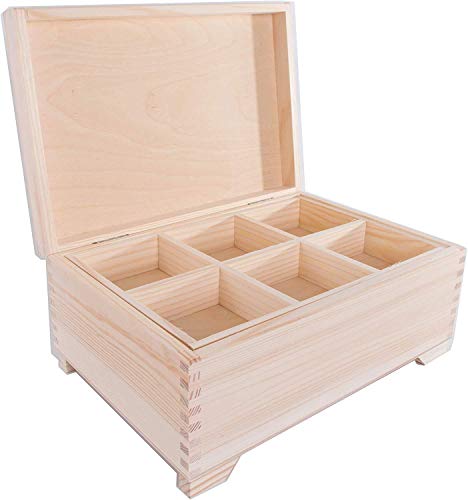 Boîte de rangement en bois avec plateau séparé amovible | 30 x 20 x 15 cm | Organiseur pour bijoux bagues, bracelets, boucles d'oreilles | 6 compartiments | Pin non peint et non traité Cover