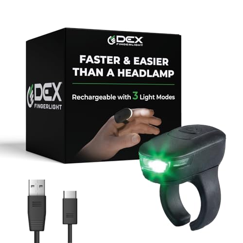 High Tech Wearable LED Flashlight by DEX FingerLight - Rechargeable Fingerlight - 3 Light Modes - IPX7 Weather Resistant - USB-C Charging - Custom Fit Ring - Long Lasting Battery - Black
