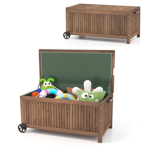 GOPLUS Coffre de Jardin Exterieur 213 L en Bois de Sapin, Boîte de Rangement Extérieur avec Doublure PE Imperméable Amovible, Roues, Poignée,Conteneur pour Balcon Charge 50KG,114x58,5x51CM