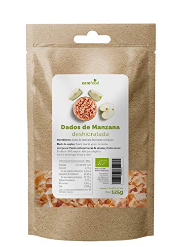 Carefood - Chips de Manzana Deshidratada Orgánica - Snack Aperitivo de Manzana Seca 100% Bio y Sin Azúcares Añadidas - Dados de Manzana Ecológica Apto para Veganos - Excelente Fuente de Energía - 125g
