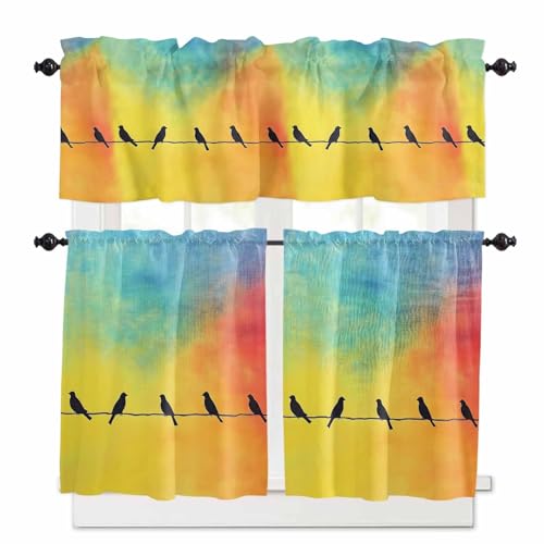 Bird Line Abstract Kitchen Curtains 36 Inch Length, 3 Piece Rod Pocket Small Half Tiers and Valance Set, Orange Blue Ombre Silhouette Small Large Window Treatment Decor for Bedroom/Bathroom Sink
