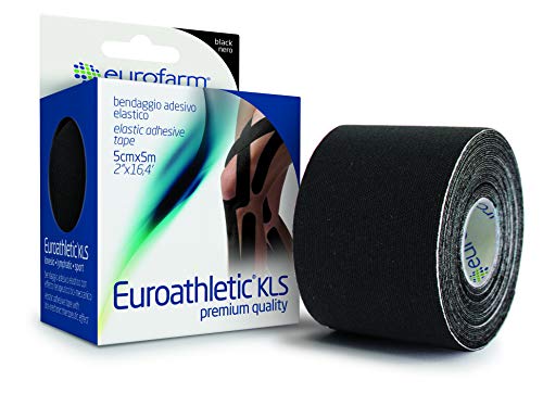 Euroathletic KLS(m 5 x cm 5) Cinta Elástica Adhesiva Deportiva Color Negro Para la Kinesioterapia, Resistente al Agua, Puede Ser Utilizado en la Piscina