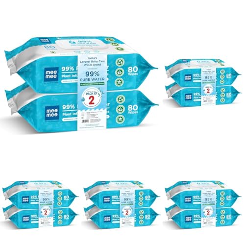 Image of Mee Mee Pure Water Wet Wipes with Lid 80 pcs x 2 (160 pcs) - Unscented, Plant Derived, Super Thick Baby Wipes | Gentle for Sensitive Skin (Pack of 5)