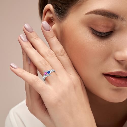 Personalized Birthstone Rings for Women, Custom Mothers Ring with 2 Birthstones, Sterling Silver Couples Name Rings for Her, Gifts for Wife Mom3
