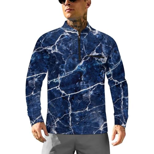 Blue Marble Texture Men's Rash Guard Long Sleeves Quick Dry Fishing Workout Shirts with Zipper
