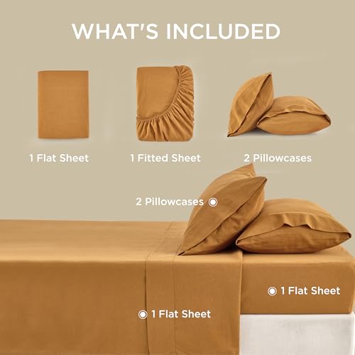 Bedsure Linen Sheets - Queen Size Bed, Blend from Linen Cotton Bedsheets, Breathable Cotton Bedsheets, Gifts for All Seasons, 4 Pieces, Pumpkin Yellow