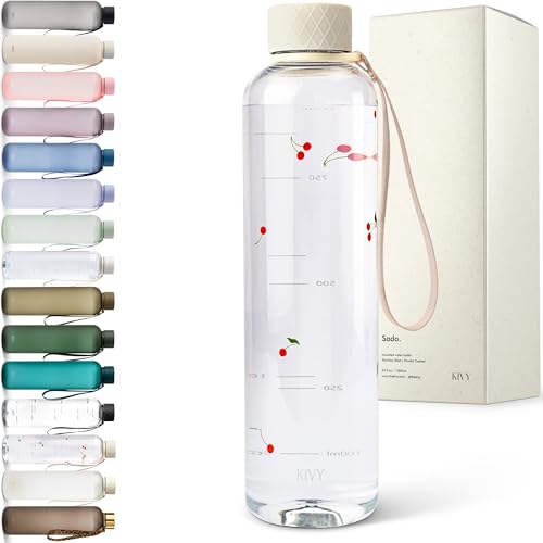 Image of KIVY Slim Water Bottle 32oz [Lightweight & Shatterproof] Fits Cupholder & Backpack - Cuter water bottle with strap- Cherry water bottle screw top - Aesthetic Water bottle clear gym sports for women