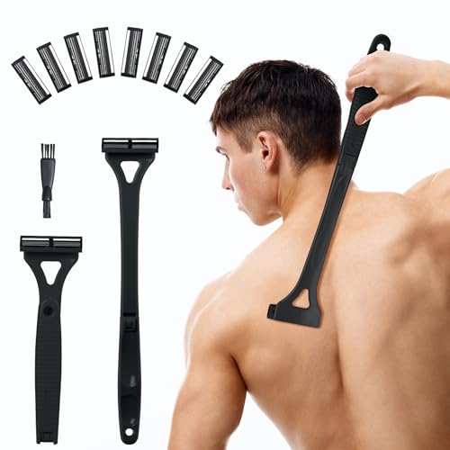 ETbyto Back Shavers for Men with Foldable Long Ergonomic Handle: DIY Hair Shaver, Replaceable Safety Blade & Portable Razor Groomer for Men, Wet & Dry Shaving,Black (8PCS Blades Included)