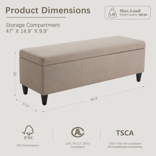 Image of Storage Ottoman Bench, 50.3 inch Fabric Upholstered End of Bed Bench (Brown)