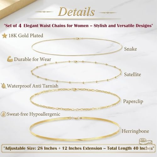 Image of VAMA FASHIONS 4 Pcs 18K Gold Plated Anti Tarnish Waterproof Waist Belly Chain Adjustable Hip Body Chains Kamarbandh Vaddanam Kamar Chain Combo for Women Girls