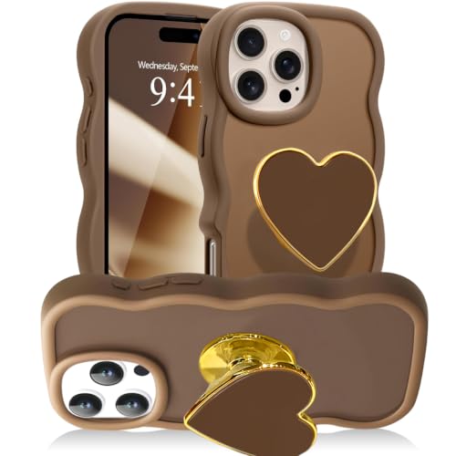 Coque iPhone 14 Pro Max antichoc marron avec support béquille et cadre ondulé tendance