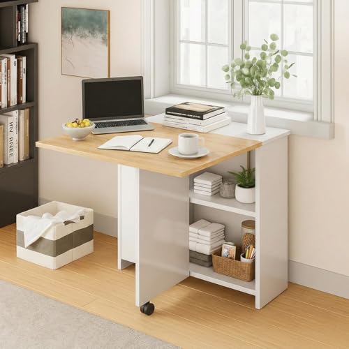 Image of TEKAVO Peyton Foldable Dining Table for Home 4 Seater | Space Saving, Movable with Wheels Folding Dining Table | 130cm x 80cm x 80cm | Mile Oak & White | DIY