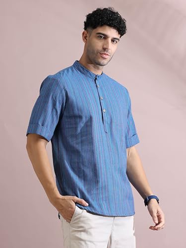 Image of Filori Lurex Checks Design Short Kurta | Pure Cotton | Half Sleeves | Mandarin Collar