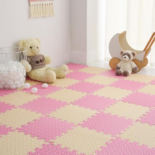 Image of Tamiplay 16 Tiles, 0.4 Inch Thicked Interlocking Floor Mats with Solid Colors, Squares Baby Play Mat, EVA Foam Puzzle Floor Mat Foam Mats for Kids, Baby, Toddlers (Beige/Pink)