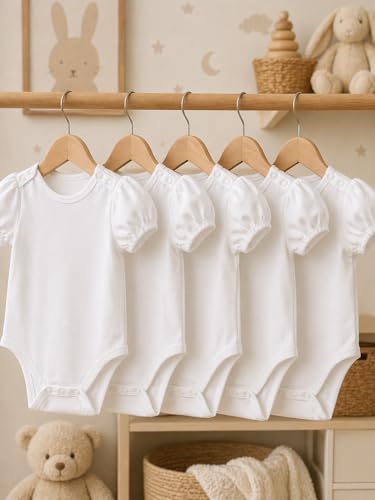 Image of TuddyBuddy 100% Cotton Plain White Short Sleeves Rompers /Bodysuits for Baby Girl (Pack of 5, Solid White Frill Sleeves, 0-3 Months)