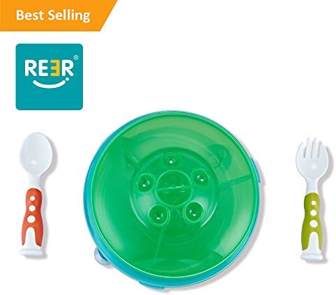 ReeR Section Plate- Divided Plate With Lid for Infant and Toddler Solid Feeding- Spill Proof- Bonus Spoon and Fork