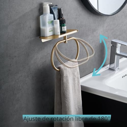 Miniatura 2 de Diyzon Anillo De Toalla Con Estante De Acero, Soporte Adhesivo De Acero Inoxidable, Anillo De Toalla De Mano Autoadhesivo Para Baño, Colgador De Toallas Montado En La Pared Para Baño Dorado
