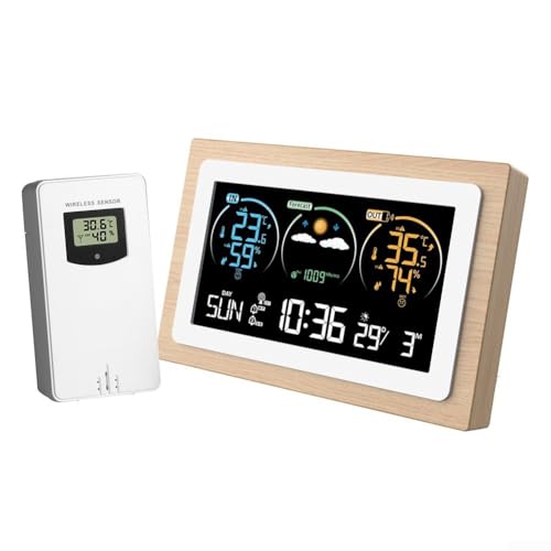 Estación meteorológica inalámbrica con sensor al aire libre, reloj despertador digital y elegante marco de madera, termómetro higrómetro, barómetro, pronóstico del tiempo para el hogar y la oficina de