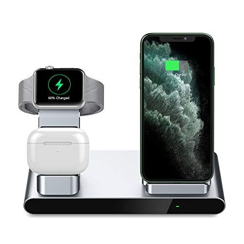 yootech 3 in 1 Fast kabelloses Ladegerät, Aluminium Wireless Charger für AirPods, Apple Watch 5/4/3/2/1, 7,5 W für iPhone SE 2020/11/11 Pro/11 Pro Max/XS MAX/XR/XS/X/8/8 Plus(Ohne iWatch-Ladekabel)