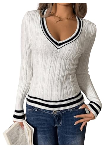 GORGLITTER Women's Bow Lightweight Sweater Tops V Neck Long Sleeve Crop Tops Cable Knit Tops