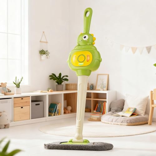 Escoba infantil educativa verde para aprender a limpiar jugando en el salón de casa 4