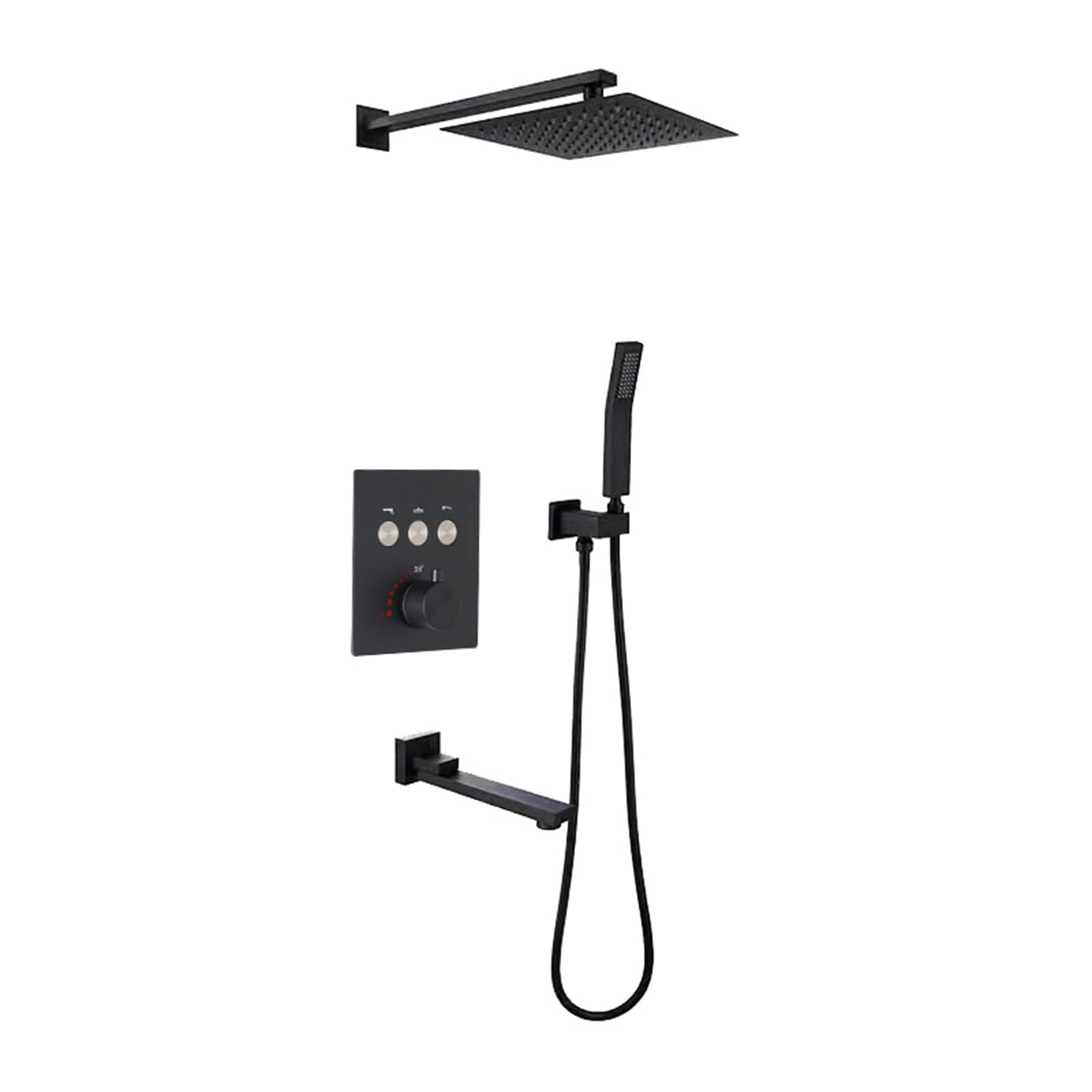 OZBMA Shower Mixer, Concealed Thermostatic Valve Mixer Set Square Head and Hose (Black)