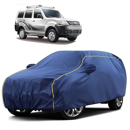 Image of Sulfar 100% Water Resistant Car Body Cover Compatible with Mirror for Tata Movus (Triple Stitched, Full Bottom Elastic, Blue Taffeta with Yellow Piping)