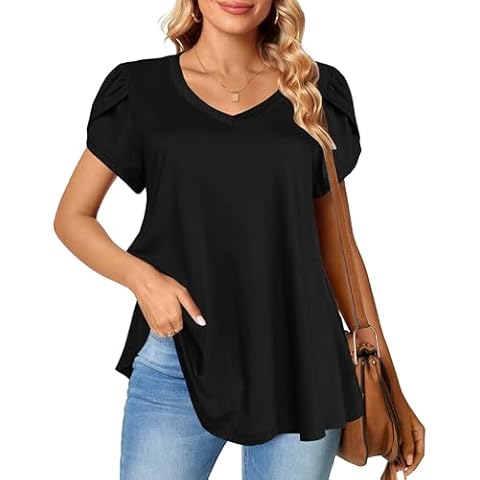 Afibi Womens Tops V Neck Summer Petal Sleeve Casual Tshirts (XXX-Large, Black) Cover