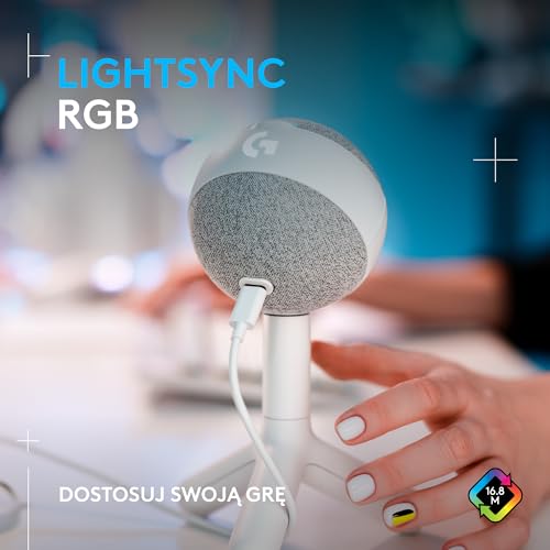 Logitech G Yeti Orb Mikrofon pojemnościowy RGB do gier z LIGHTSYNC, mikrofon USB do przesyłania strumieniowego, kardioidalny, USB Plug and Play do komputera PC/Mac – Biały
