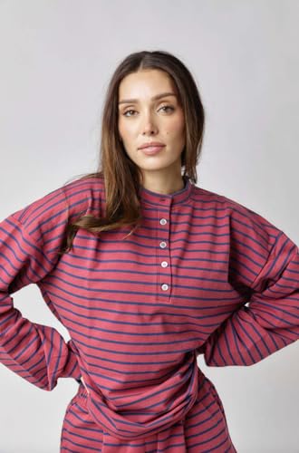 Image of Almere Oversized Cotton Henley Longsleeve Tee, Striped Button Down, Boyfriend Fit