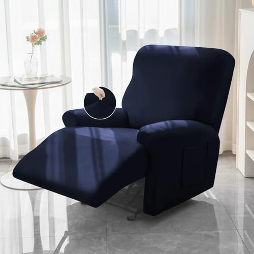 Image of HOKIPO 'SereneSolids' 140 GSM 4-Pieces Elastic Stretchable Recliner Sofa Cover 1 Seater Fully Covered Soft Washable Sofa Slipcovers Furniture Protector, Navy Blue (AR-4740-NBLU)