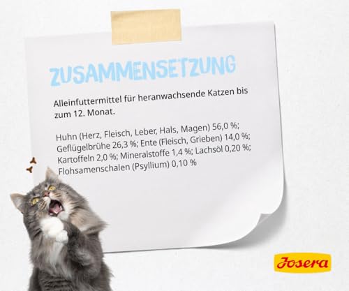 JOSERA Nassfutter Kitten Duck (12 x 85 g) | Kitten | Premium Katzenfutter nass für wachsende Katzen | Ente & Kartoffel | mit Lachsöl | getreidefrei | Anti-Haarballen | Alleinfutter | 12er Pack