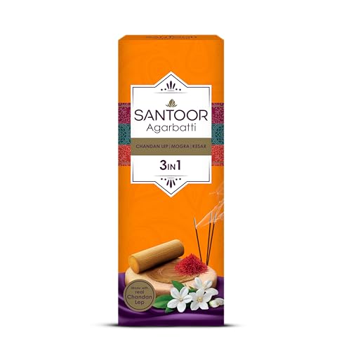 Image of Santoor Three in One Agarbatti. Premium Scented Agarbatti Made with Pure Chandan Lep. Chandan Lep | Mogra | Kesar| Pack of 2