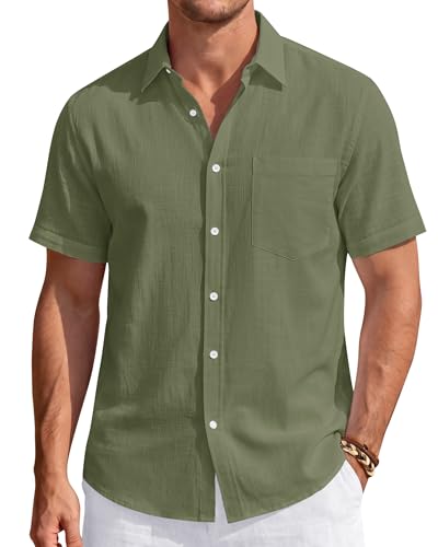 Image of J.VER Mens Linen Shirt Short Sleeve Button Down Casual Summer Shirts | Cotton Linen, Untucked, Big Tall, from Beach Camp Vacation, Cruise Fishing, Work Office, to Wedding Party Family, with Pocket