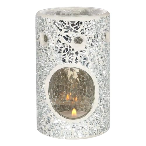 Tech Island Wax Melt Burner, Silver Crackle Glass Design Oil Burner, Round Tea light, for Room Décor, Ornaments, Made with Glass (Silver Pillar)