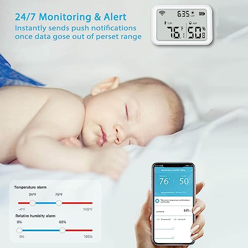 Smart WiFi Thermometer Hygrometer, Indoor Room Digital Temperature Humidity Sensor with Light Strength Detection,for Home Room Greenhouse Wall
