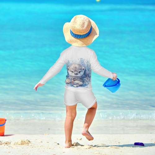 Watercolor Otter Seashells Toddler Swimsuit Boy 3T Long Sleeve Swimming Shirt Outfit Set with Swim Trunks, 2 Piece4